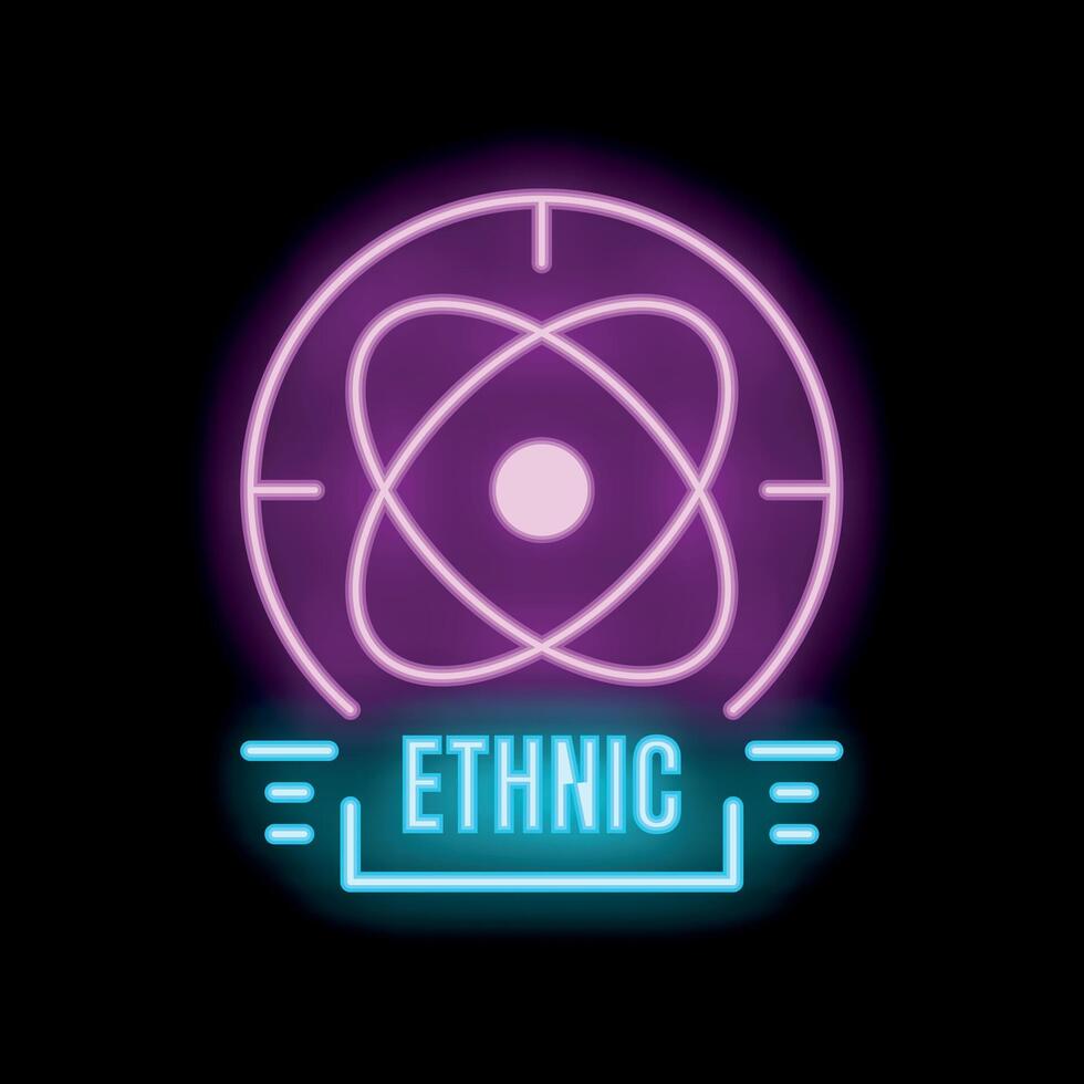 Neon ethnic symbol with atom symbol on black background vector