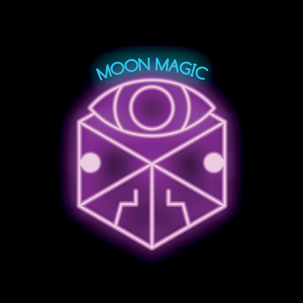 Neon sign representing moon magic concept with eye over cube vector