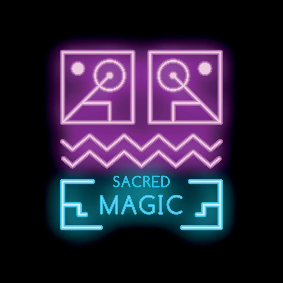 Neon sign of sacred magic with esoteric symbols and waves vector