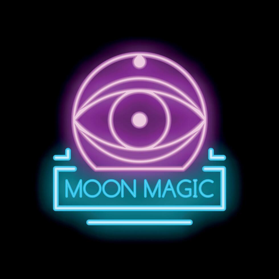 Neon sign moon magic with all seeing eye symbol on black background vector