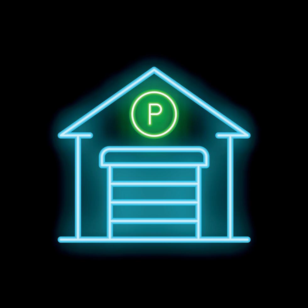 Glowing neon sign depicting a parking garage on a black background vector