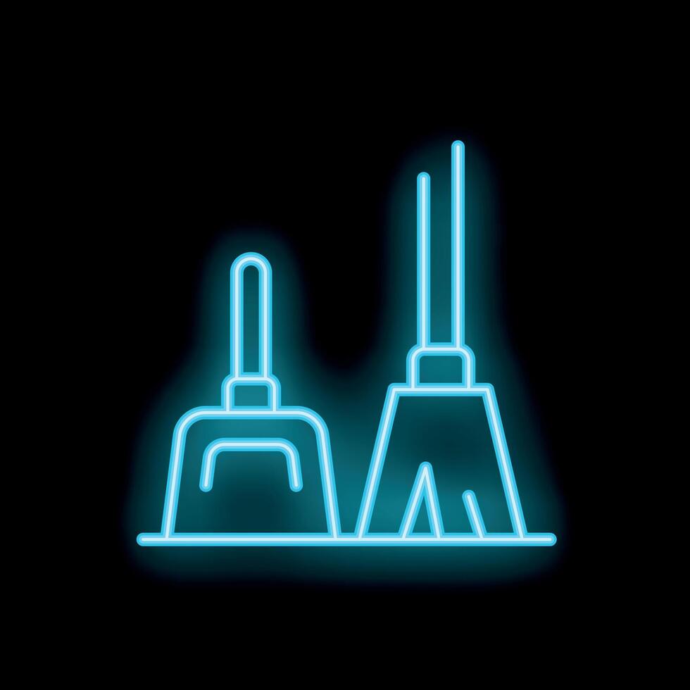 Blue neon sign of broom and dustpan on black background vector