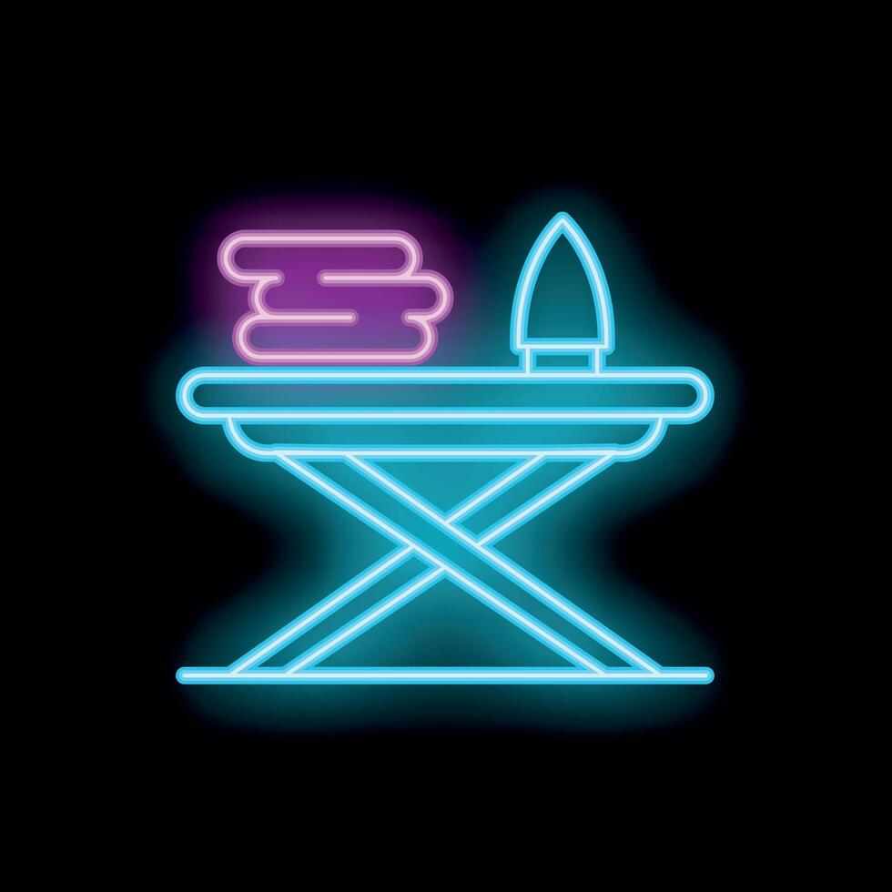 Bright neon ironing board with iron and folded clothes on black background vector
