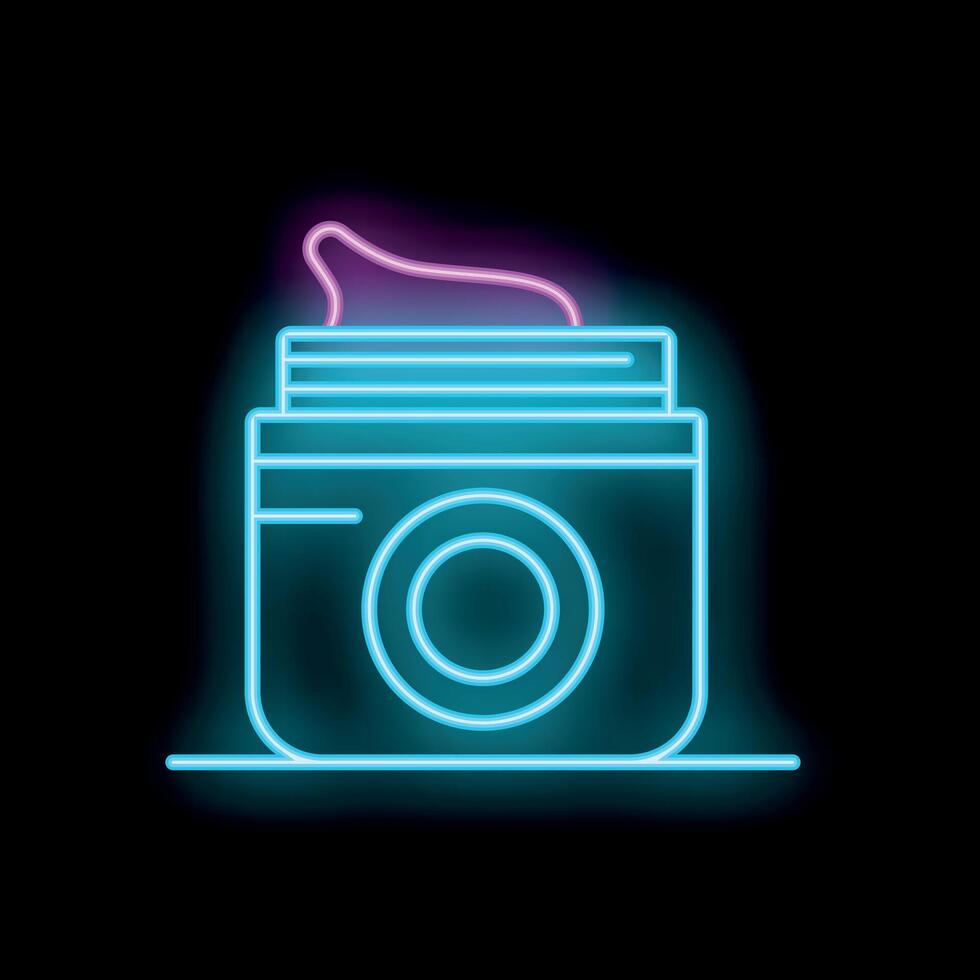 Neon sign of open cosmetic cream jar on black background vector
