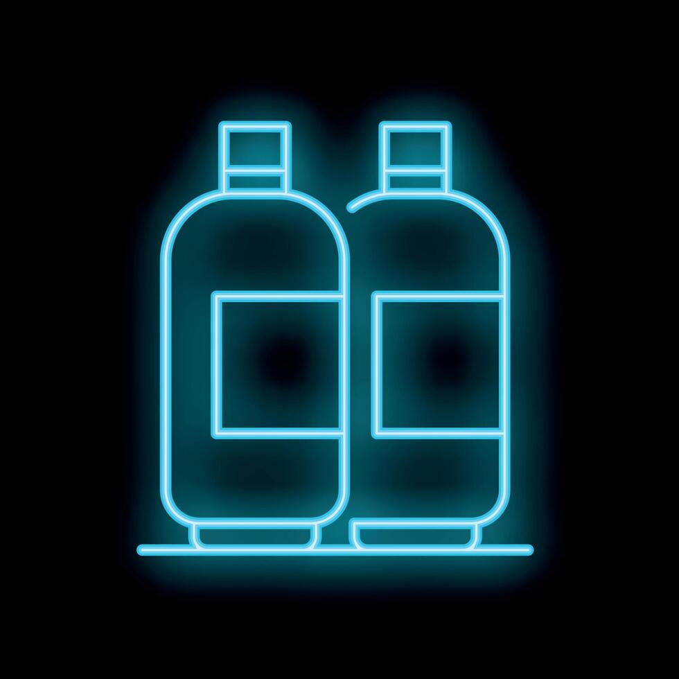 Neon icon of two bottles standing on shelf glowing on black background vector