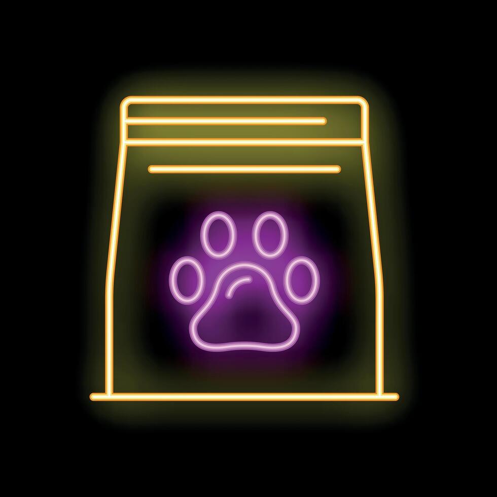 Neon sign of bag or sack with paw print for pet food on black background vector