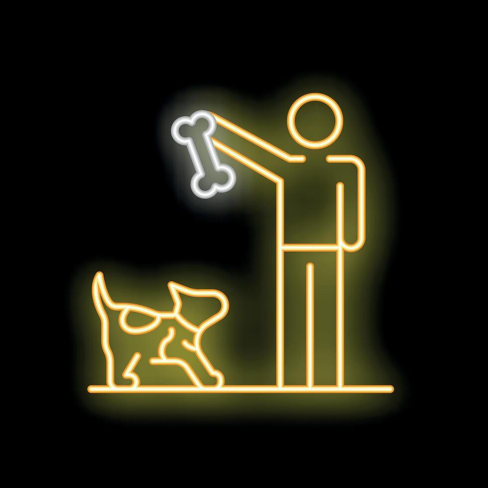 Neon style icon of man training dog with bone treat vector