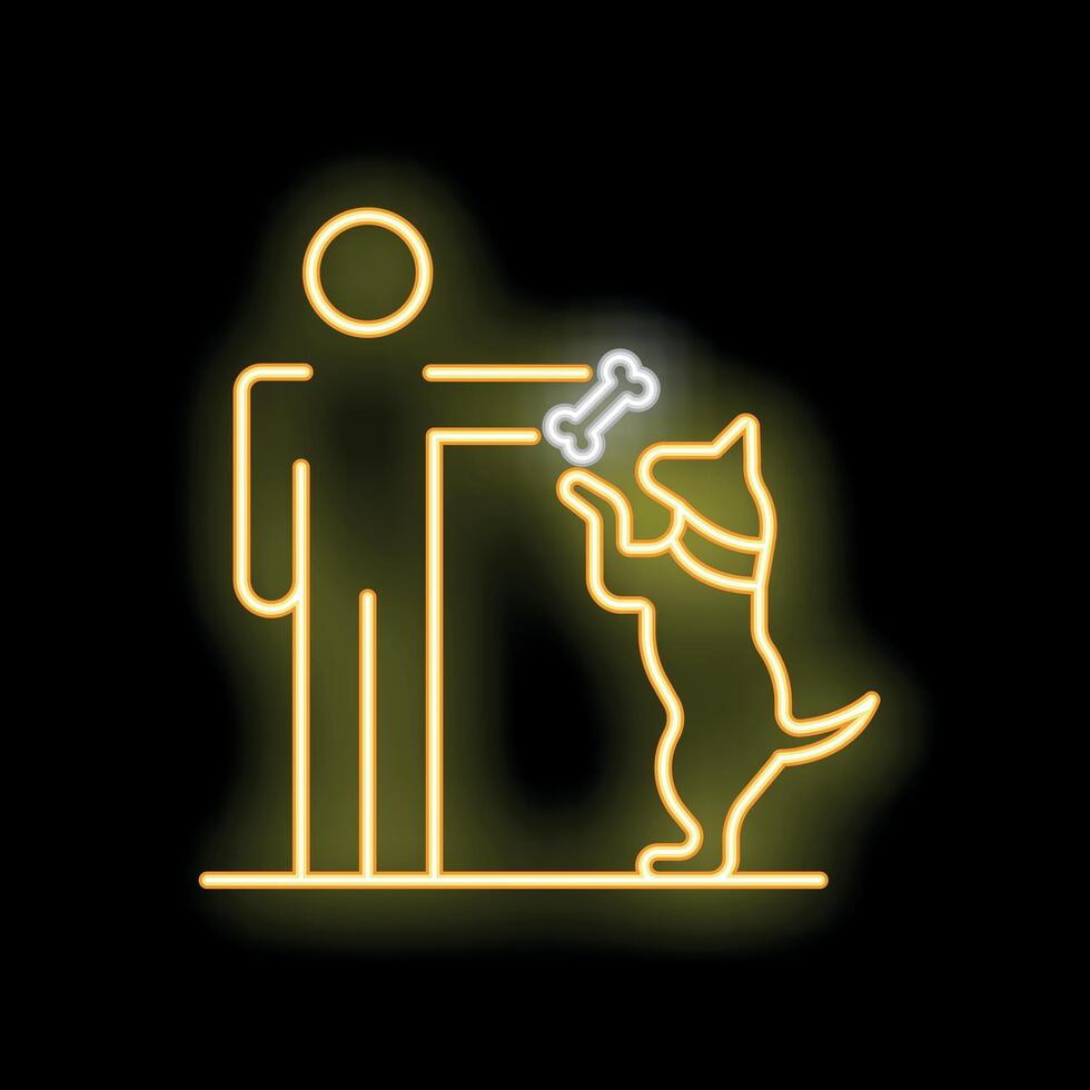 Man giving bone to dog neon sign bright yellow vector