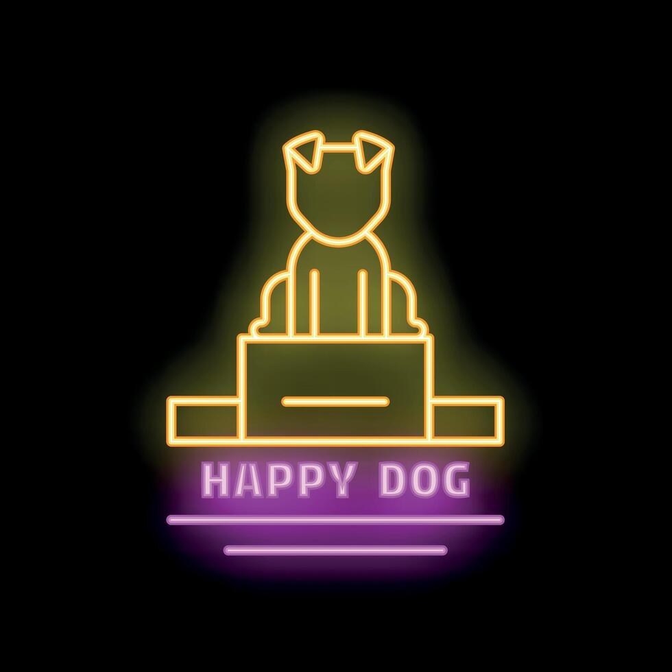 Neon sign of happy dog sitting on a box vector