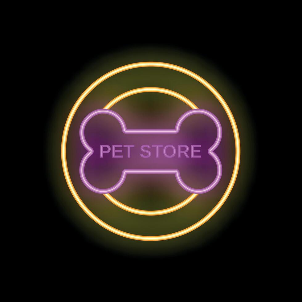 Neon pet store sign with glowing bone symbol on black background vector