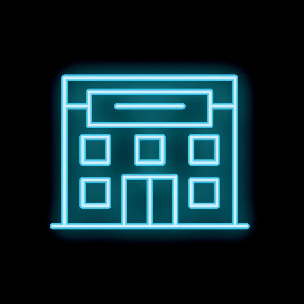 Glowing neon sign depicting a building facade at night vector