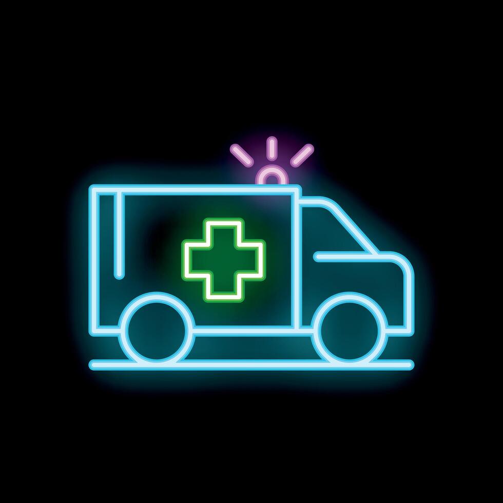 Neon ambulance icon glowing on dark background vector