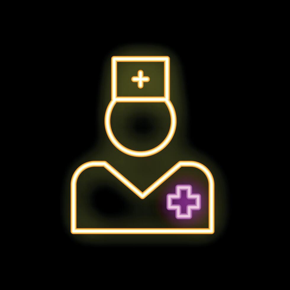 Neon icon of doctor wearing scrubs and hat with cross vector