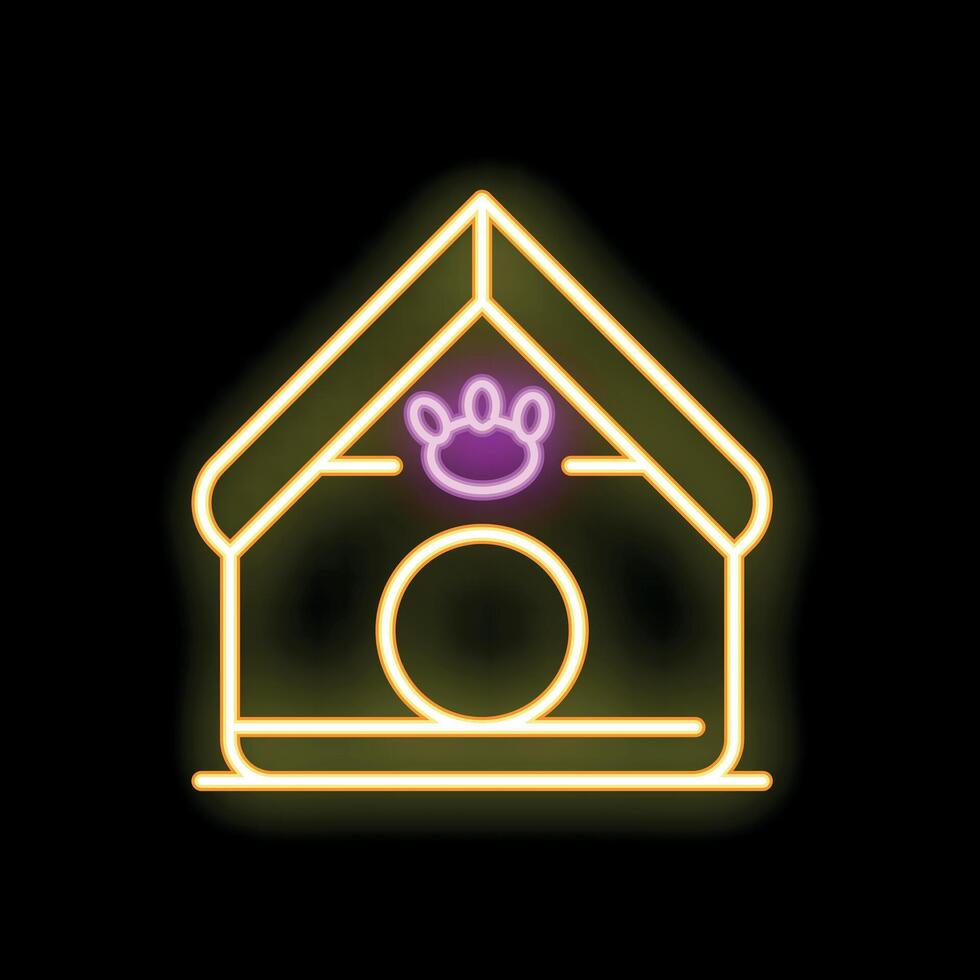 Yellow and pink neon glowing icon of a dog house with a paw print on a black background vector
