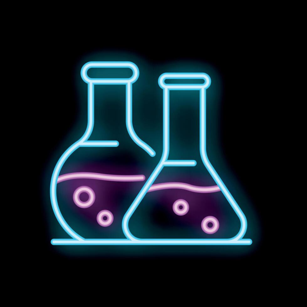 Neon icon of two erlenmeyer flasks bubbling with chemical reaction vector
