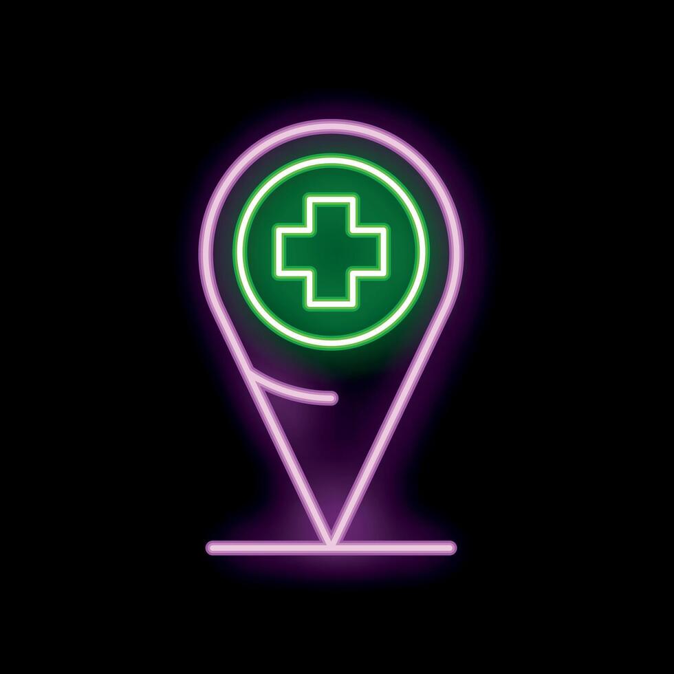 Neon green cross medical location pin icon glowing on black background vector
