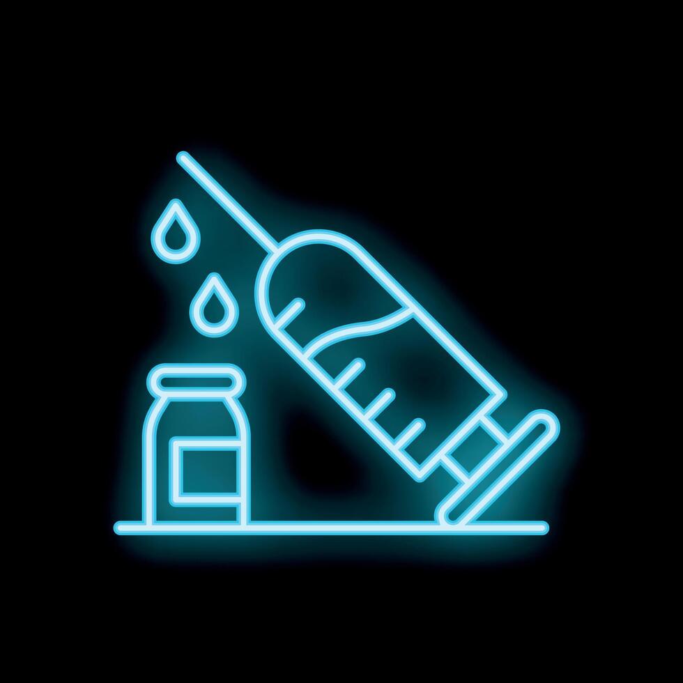 Neon syringe injecting medication vial with drops icon vector