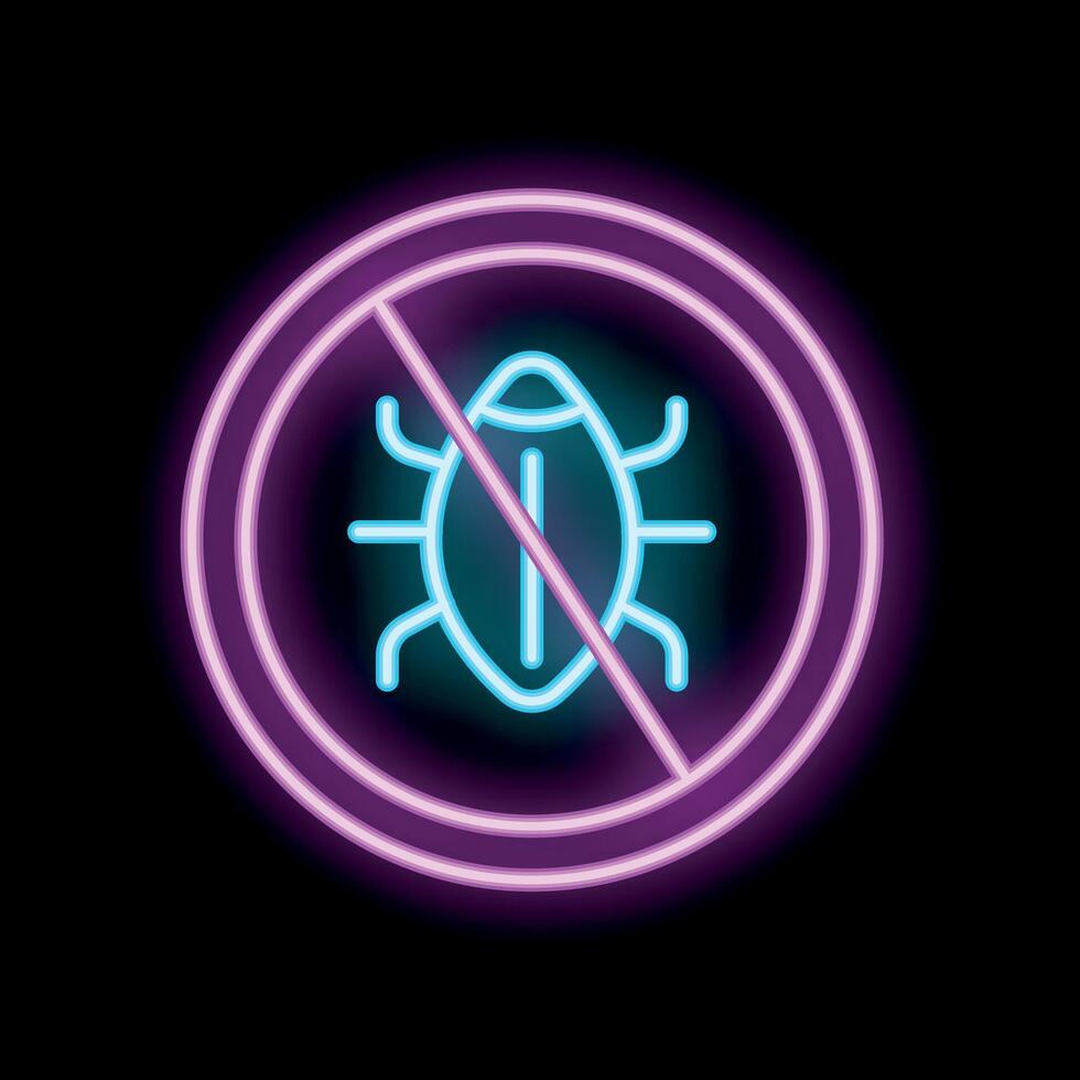 Neon sign depicting a bug with a slash through it on black background vector