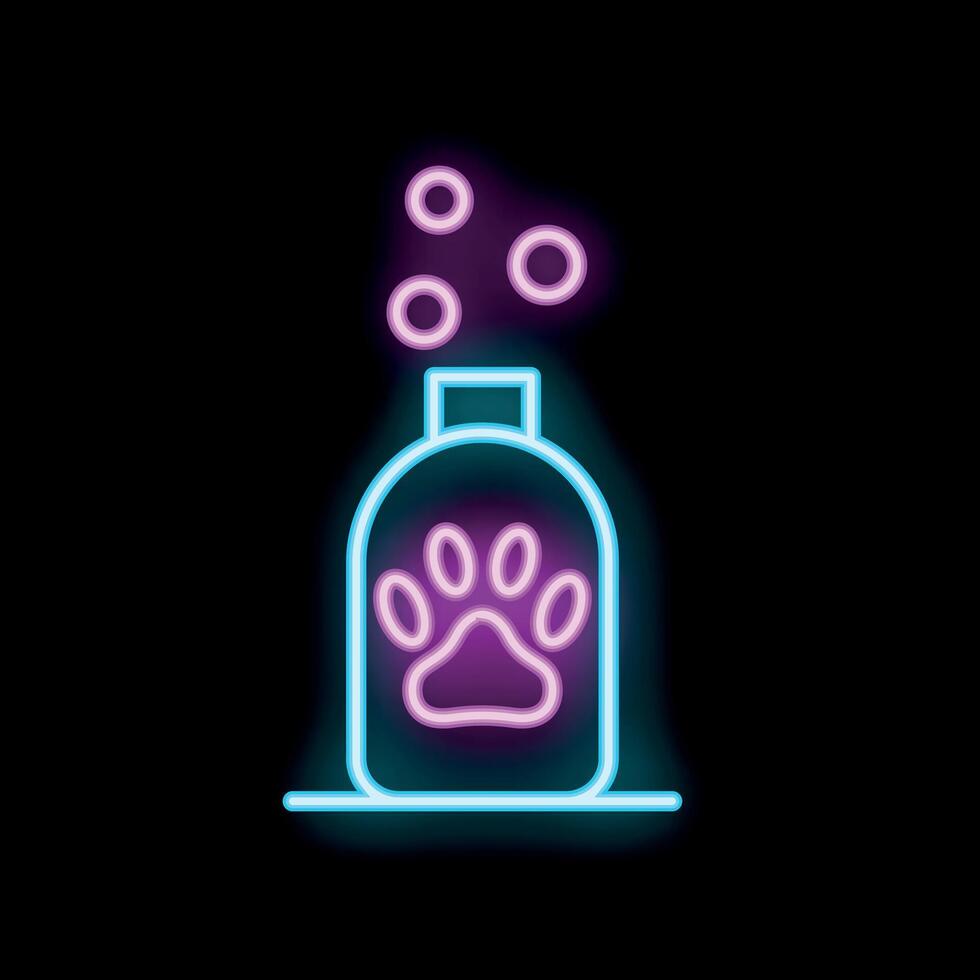 Neon veterinary medicine concept with shampoo bottle and paw print vector