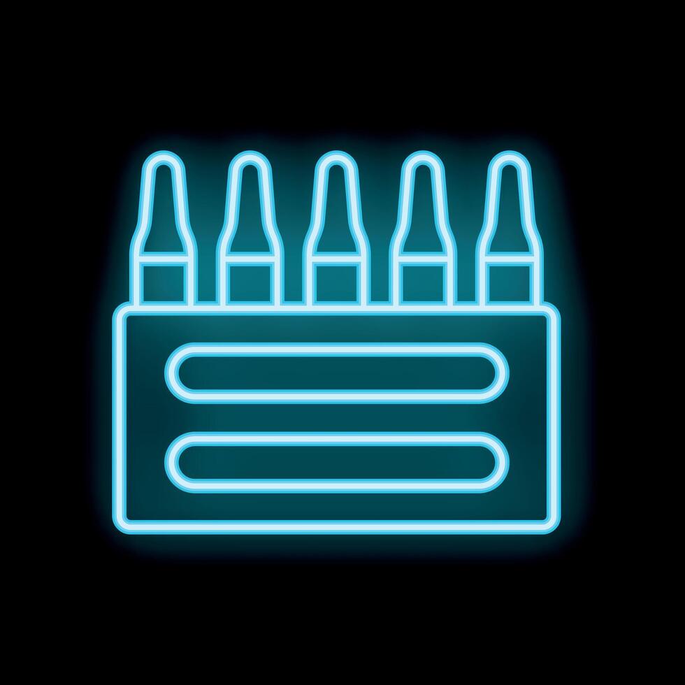 Neon icon of medical ampules standing in a row in package on black background vector