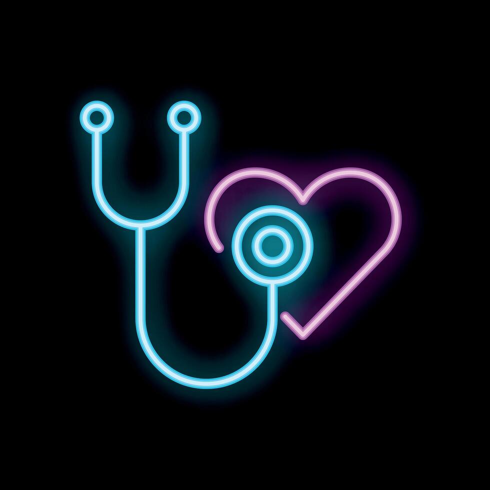 Neon heart stethoscope sign representing healthcare and love vector