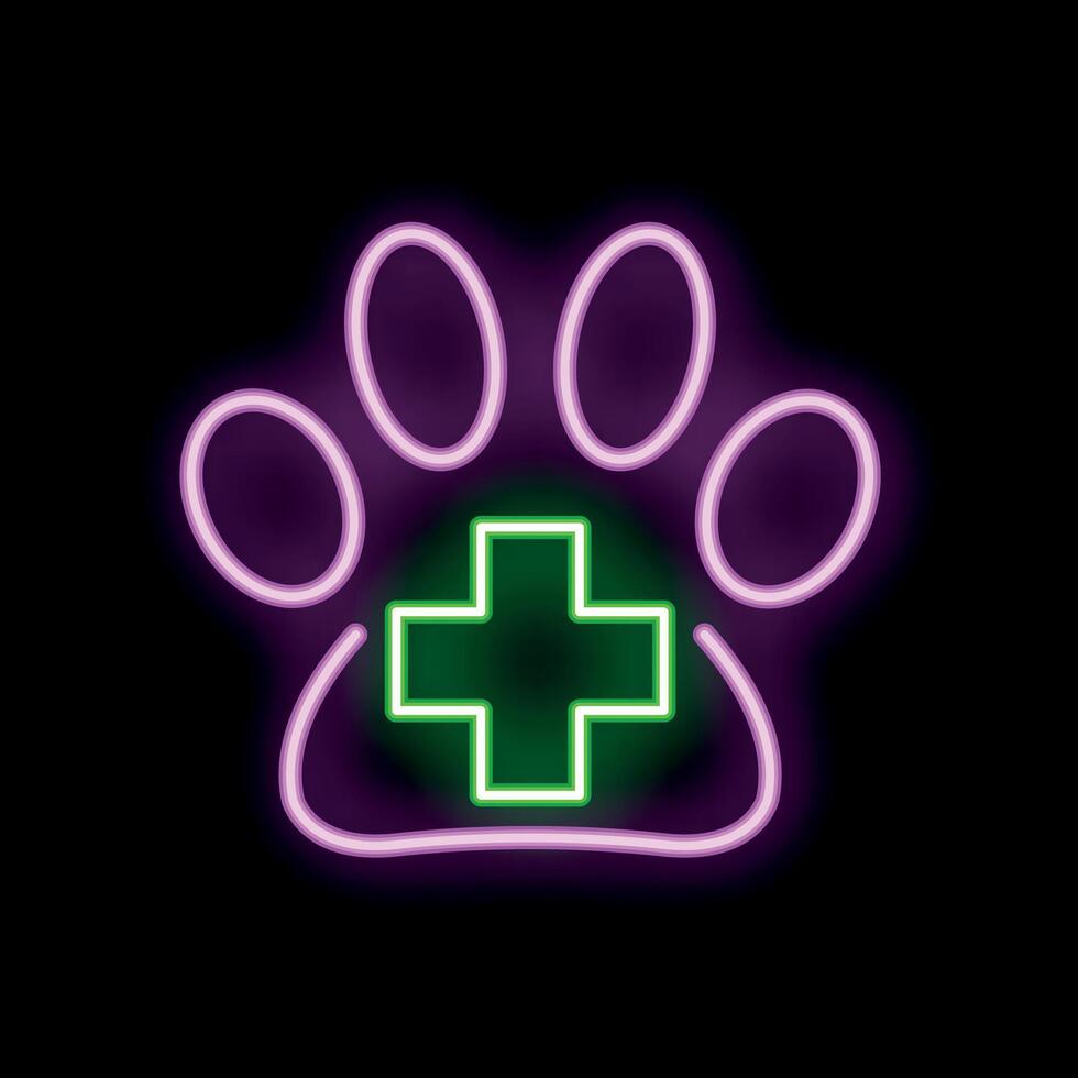 Neon veterinary symbol with glowing paw print and cross vector