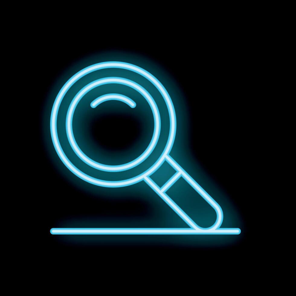 Blue neon magnifying glass searching for information on black background vector