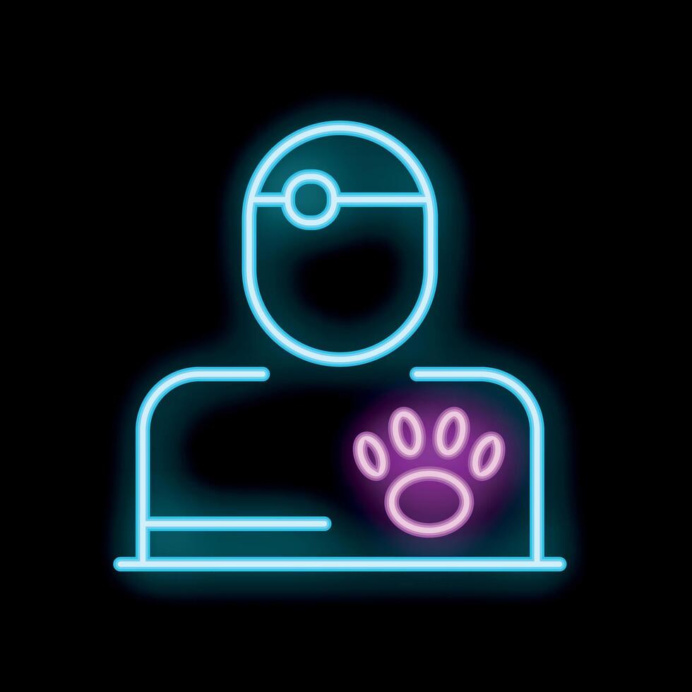 Neon icon of veterinary wearing medical uniform with animal paw print vector