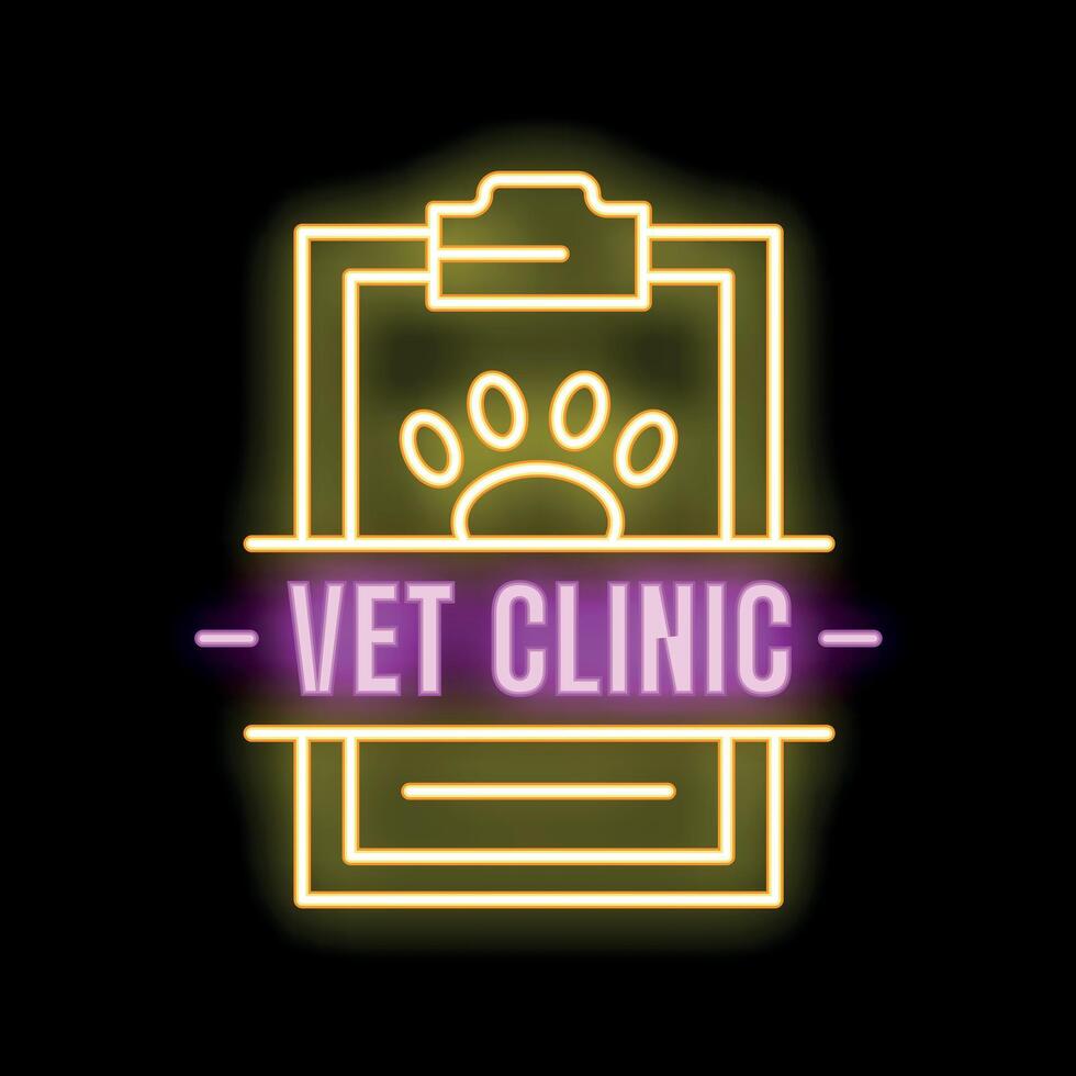 Neon sign vet clinic logo featuring clipboard and paw print vector