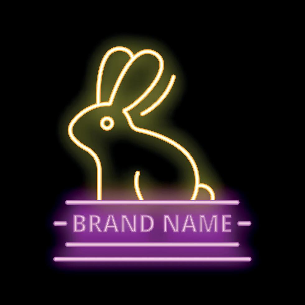 Glowing neon sign of sitting rabbit with a banner for brand name on black background vector