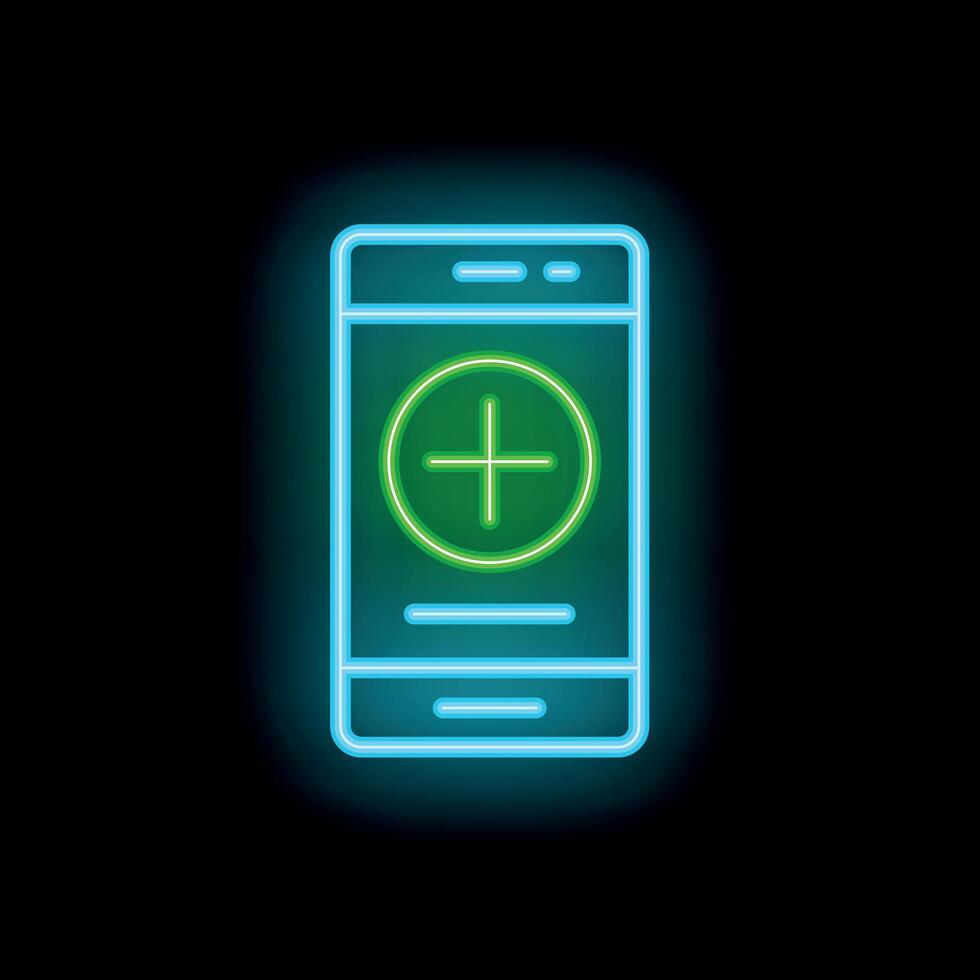 Neon smartphone showing green plus sign icon on screen vector