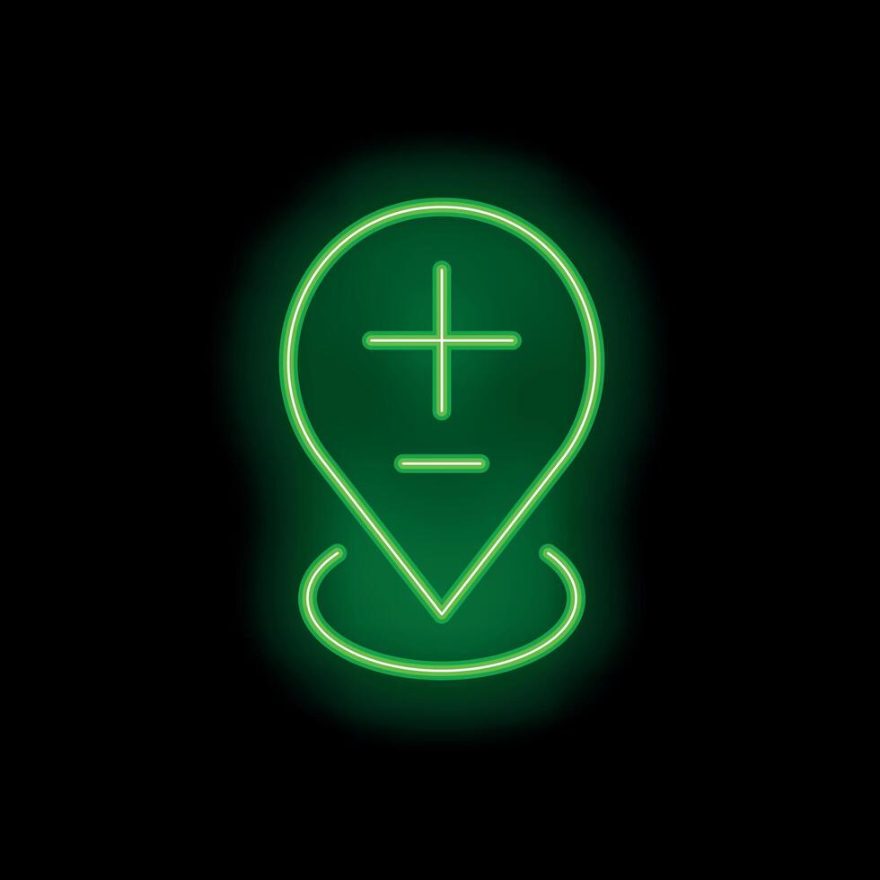 Green neon pin pointing location on black background vector