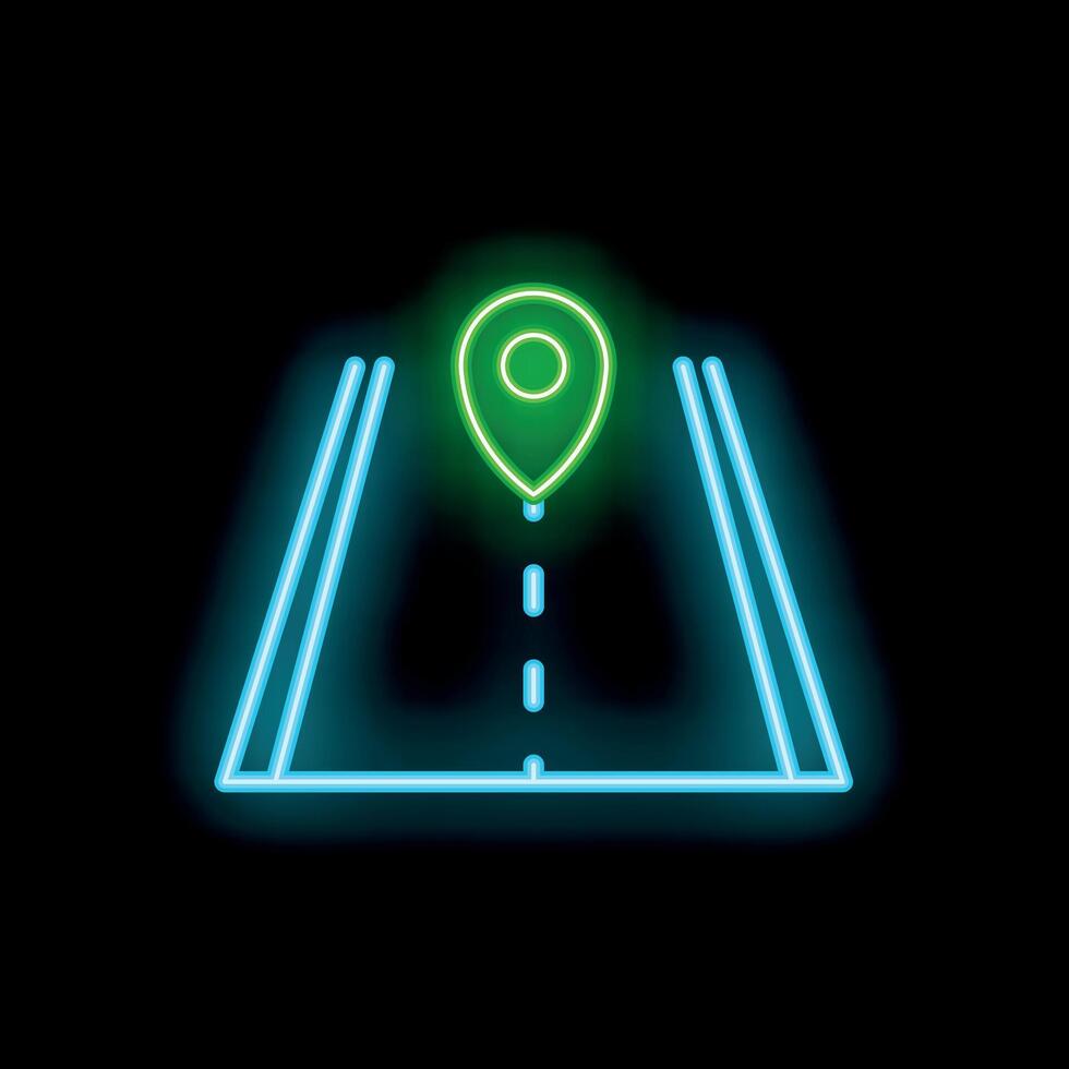 Neon sign showing a location pin icon appearing over a road vector