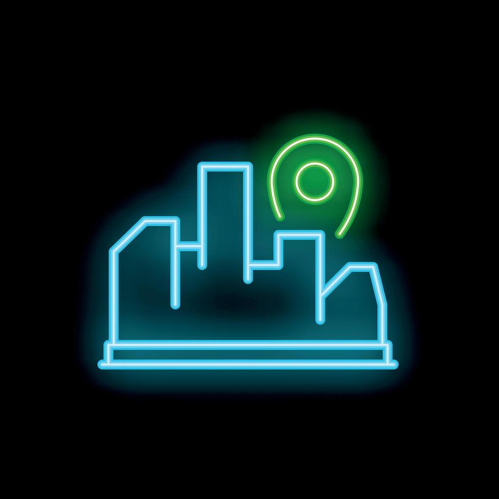 Neon icon of location pin hovering over buildings on black background vector
