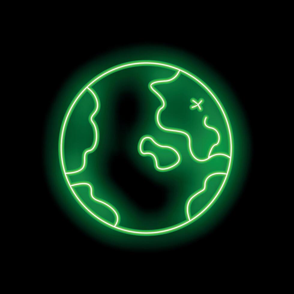 Neon green glowing earth icon showing continents on black background vector
