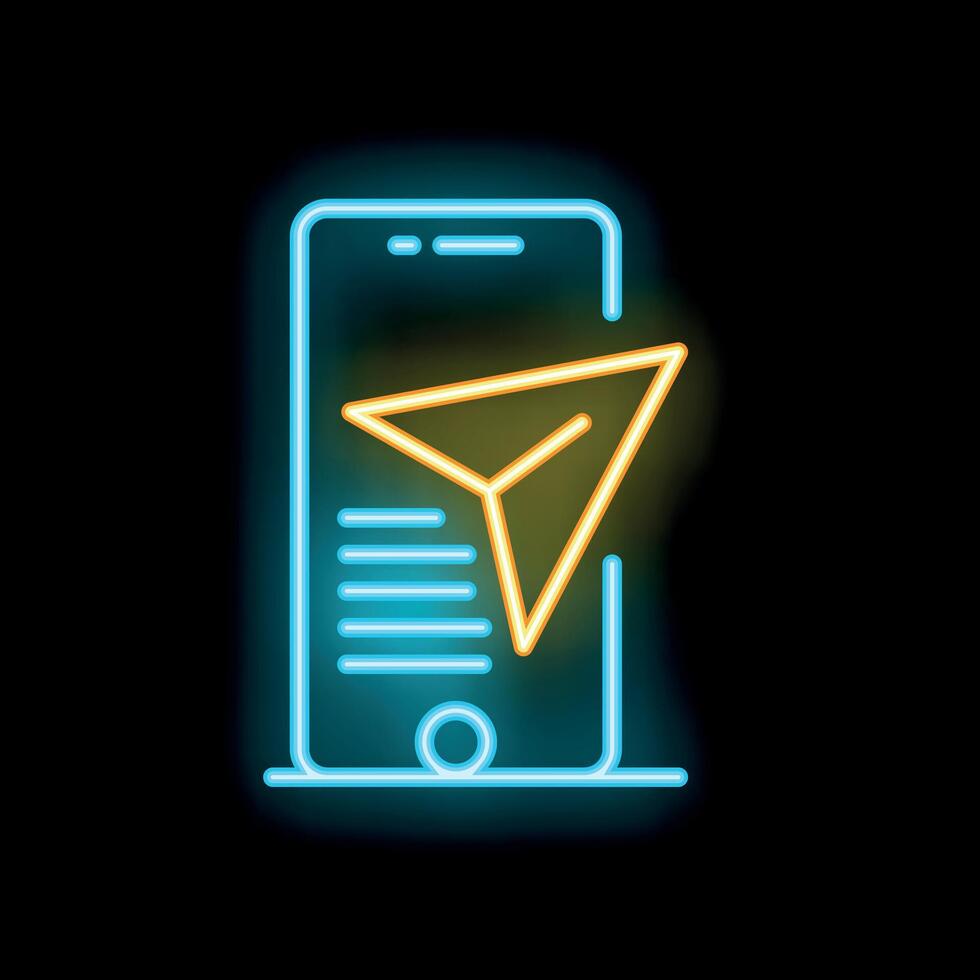 Neon smartphone showing paper plane taking off from screen vector