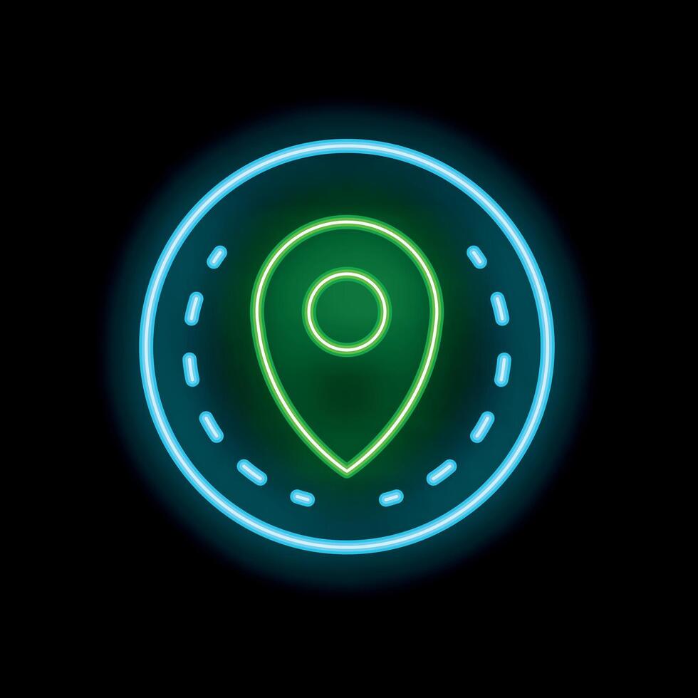 Neon location pin icon glowing in circle frame on black background vector