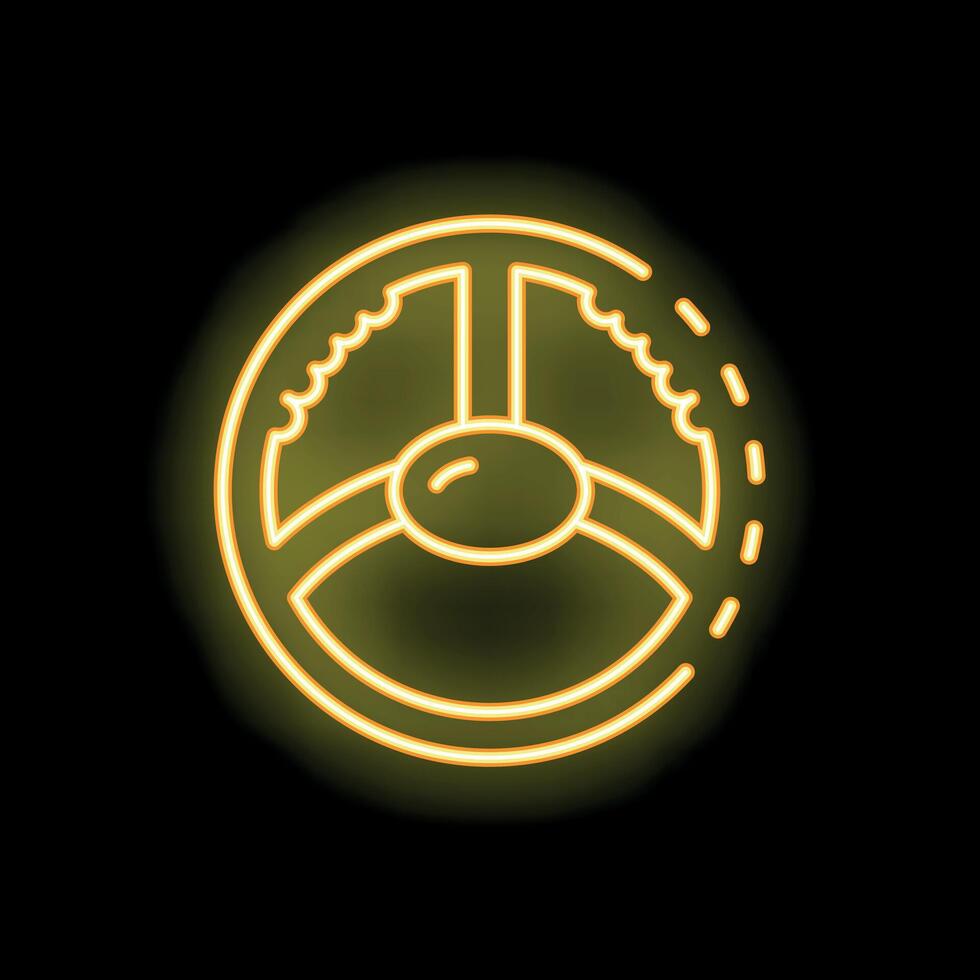 Yellow neon sign of steering wheel on black background vector