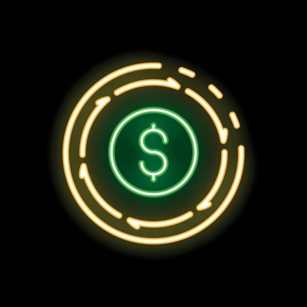 Neon green dollar coin surrounded by spinning yellow neon lines on black background vector