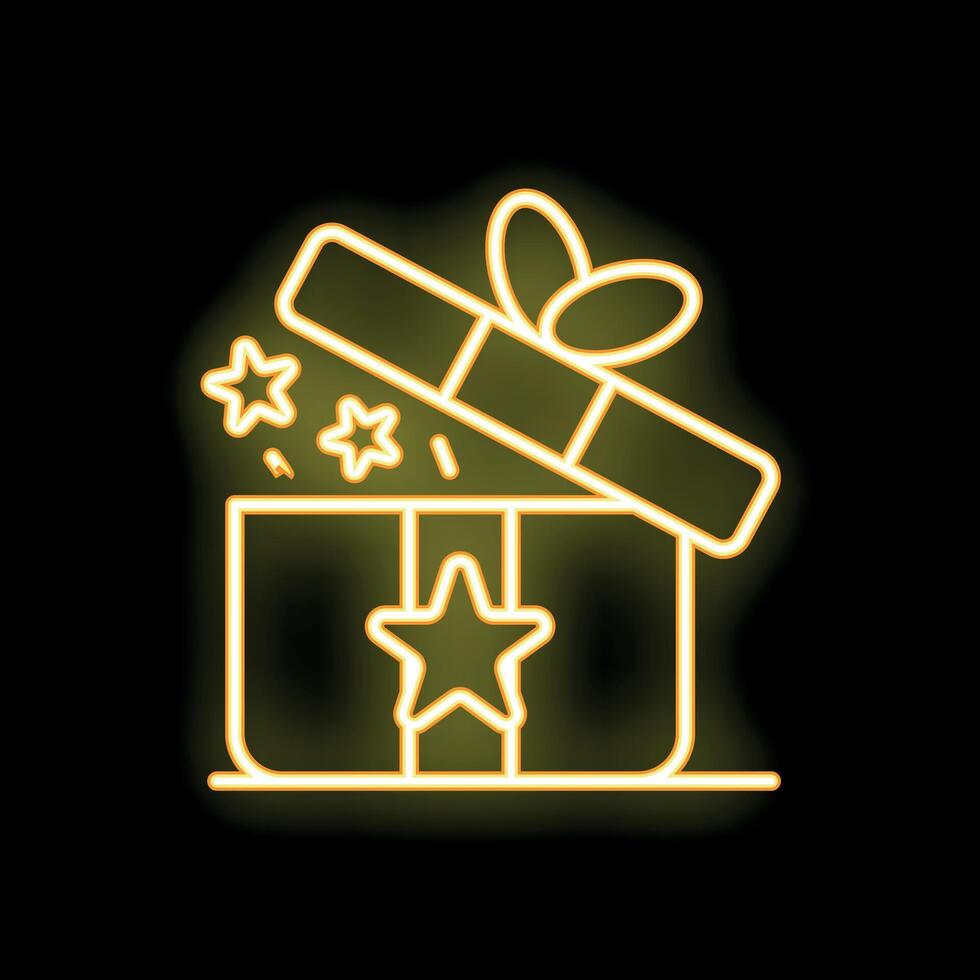 Neon giftbox opening with stars appearing from inside on black background vector