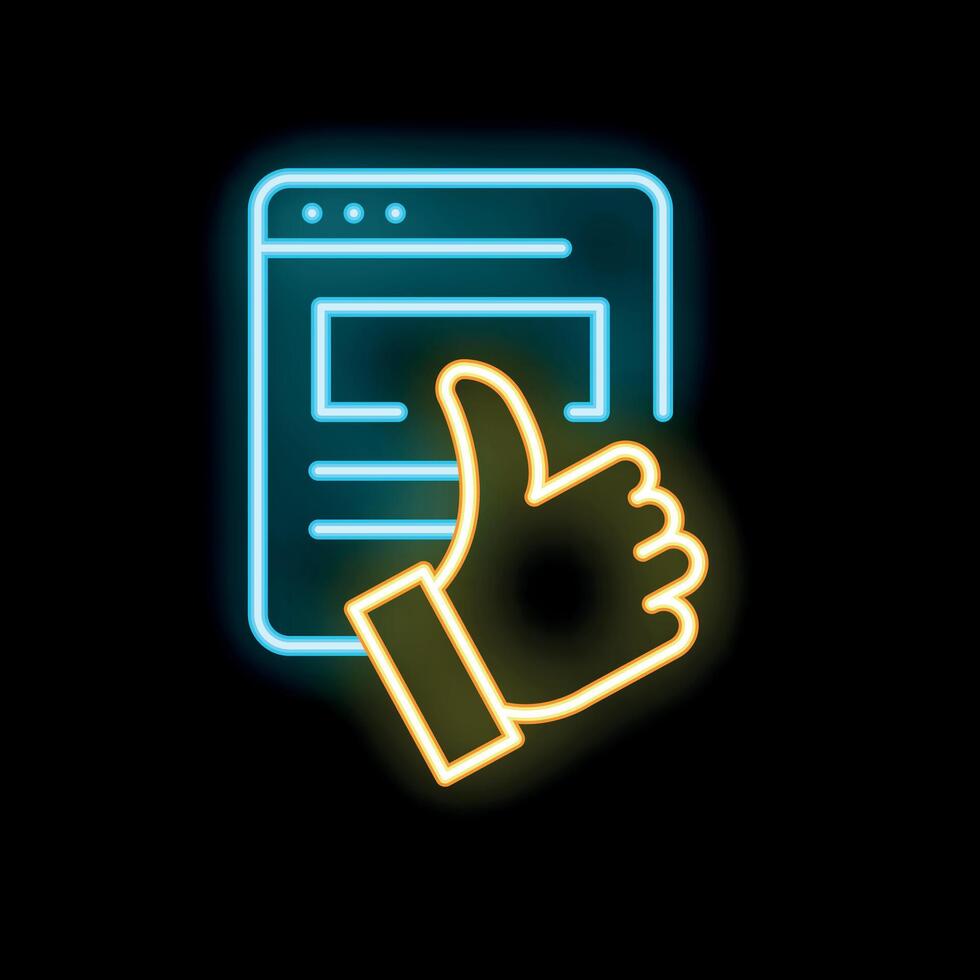 Neon thumbs up icon approving website content on black background vector