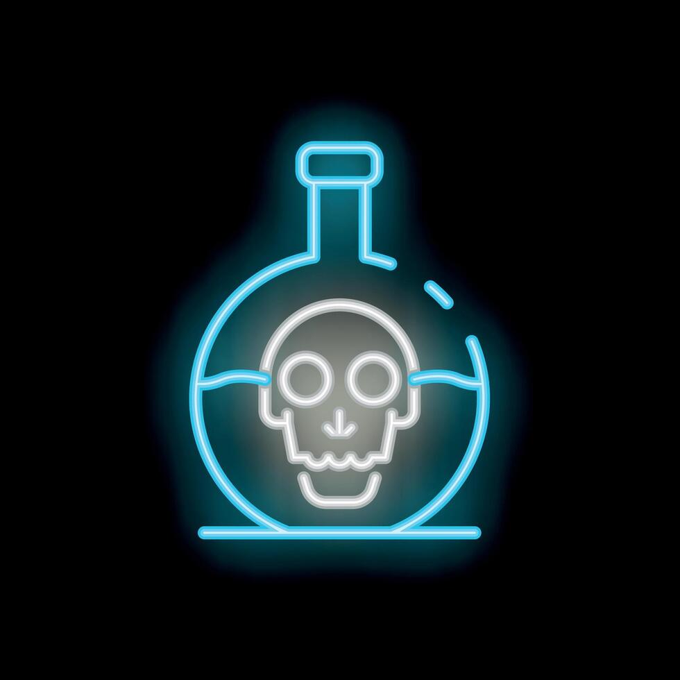 Neon sign showing skull in a bottle with glowing blue liquid vector