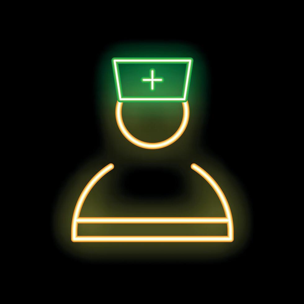 Neon icon of a nurse wearing a scrub top and a hat with a cross on it vector