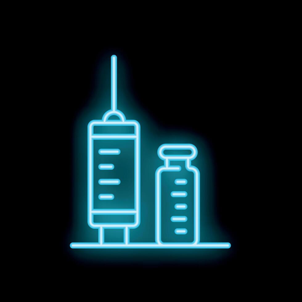 Blue neon syringe and vial glowing on black background vector