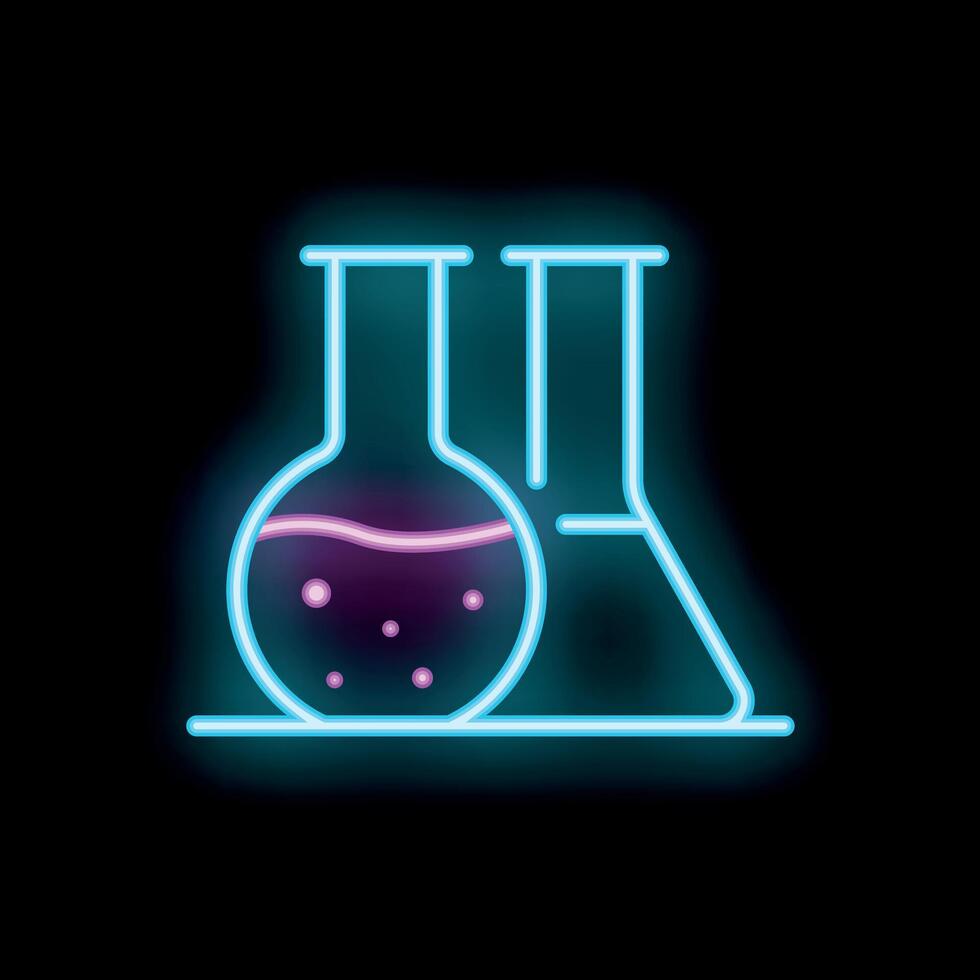 Neon laboratory glassware glowing on black background vector