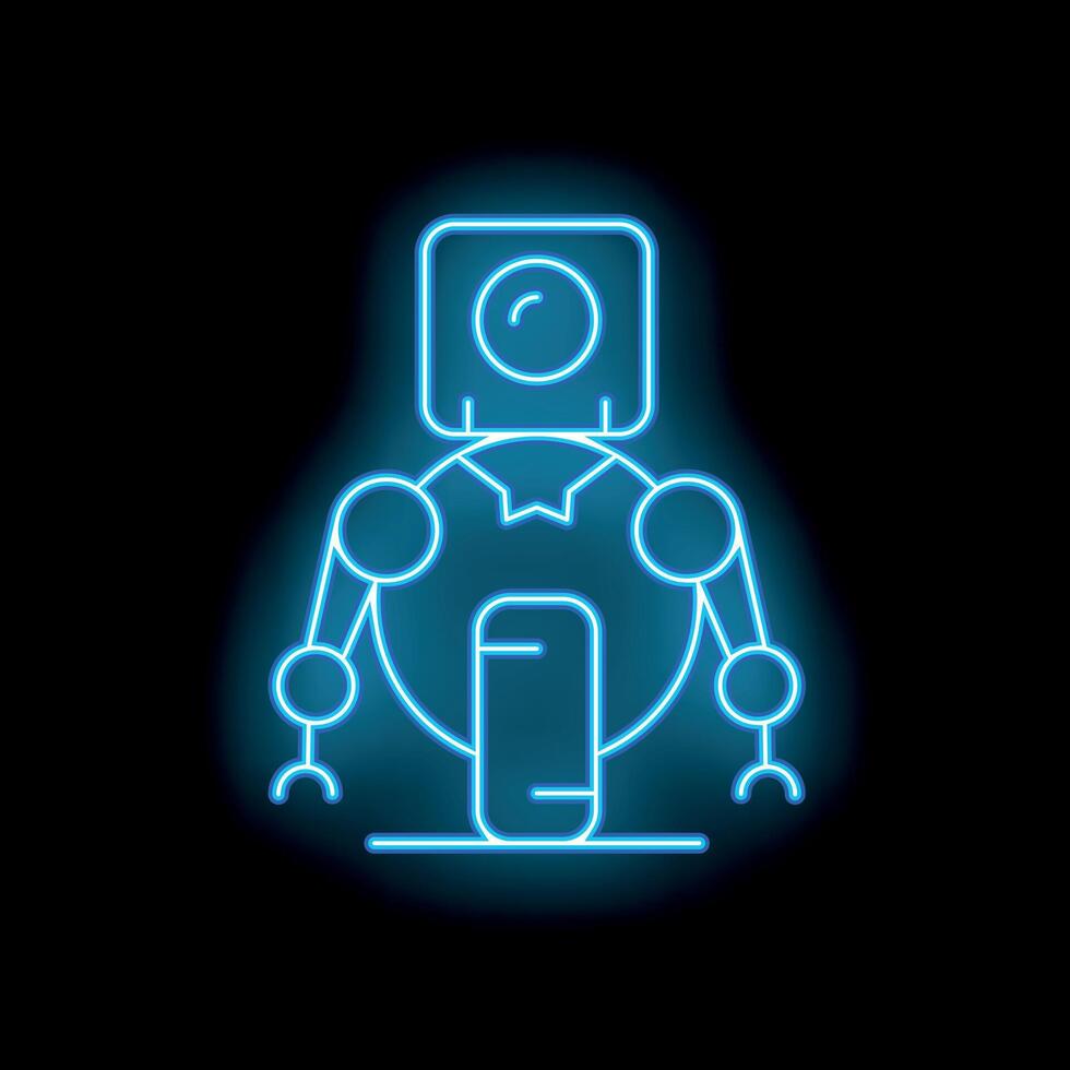 Blue neon sign of a robot standing still on black background vector