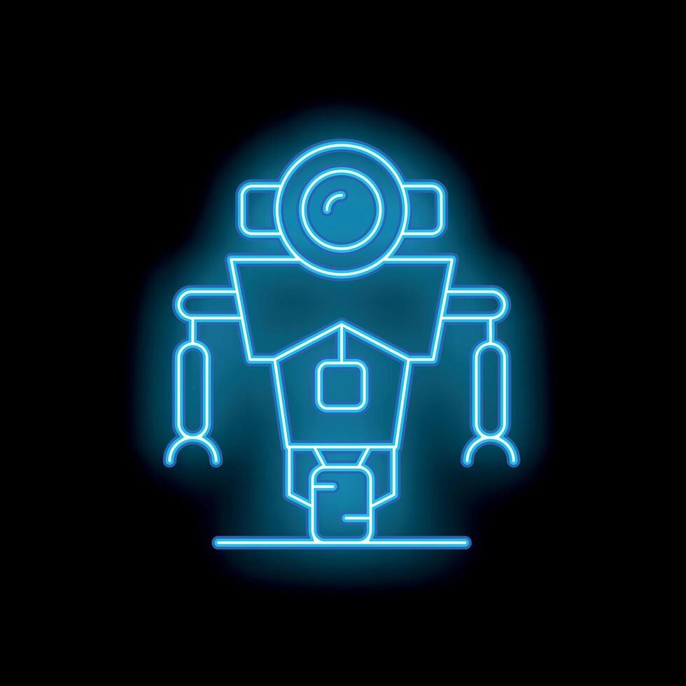 Glowing neon line robot standing with camera lens instead of head on black background vector
