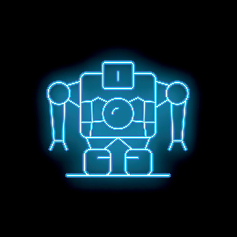 Blue neon sign showing a retro robot standing against a black background vector