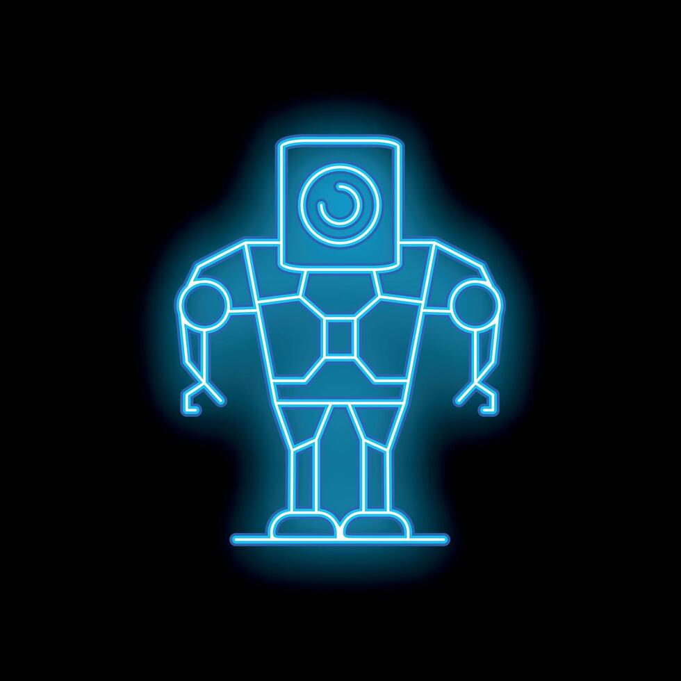 Blue neon robot standing with glowing backlight on black background vector