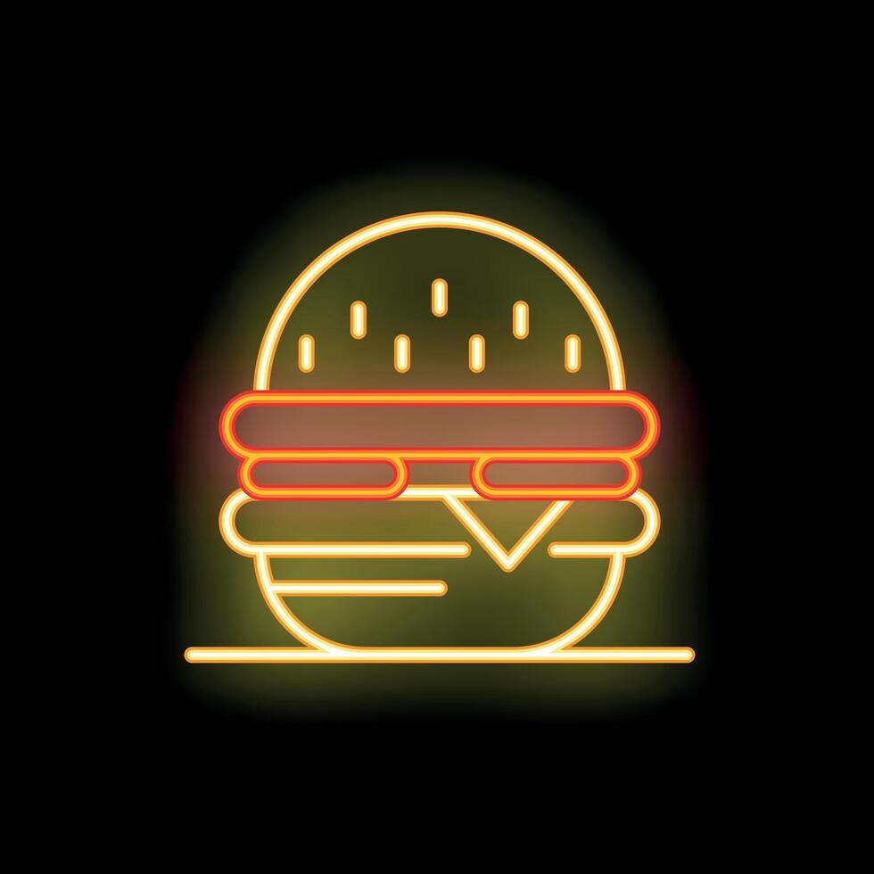 Glowing neon sign of hamburger with beef, salad and cheese on black background vector
